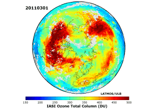 Distributions d'ozone mesurées par IASI du 1er mars au 1er avril 2011 - © LATMOS